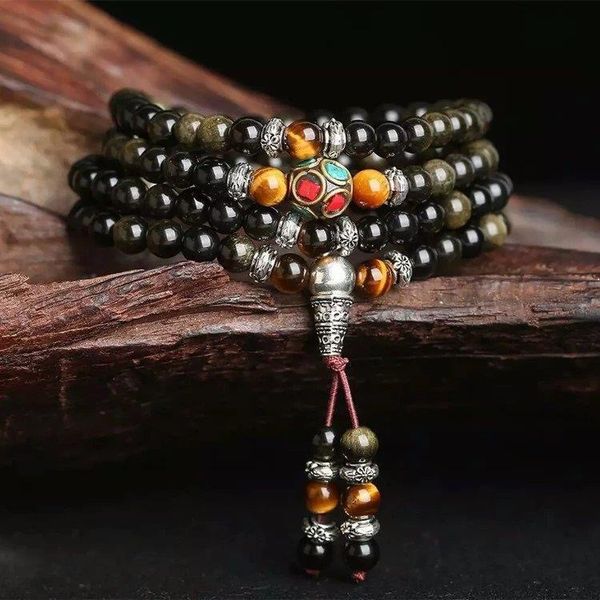 SN1545 Strand neuer Design Buddha Schmuck 6 mm Goldener Obsidian handgefertigtes Yoga Mala Nepal Tibetan Buddhismus Energie Perlen Malas