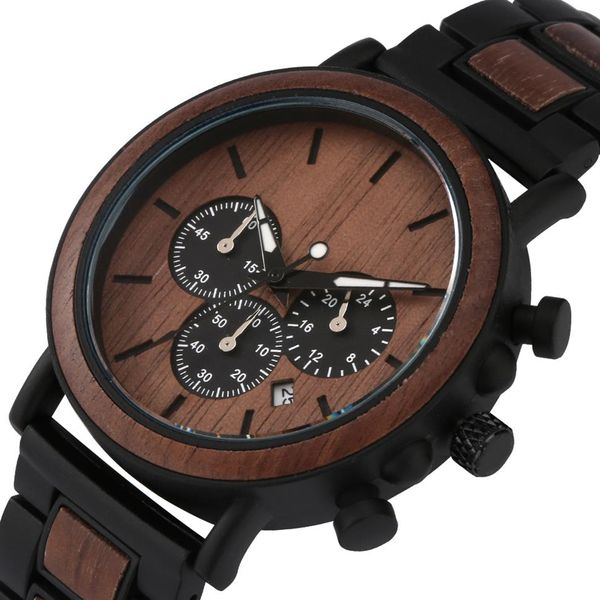 Orologio da uomo in legno naturale Calendario multifunzionale di lusso Data Orologio da polso maschile da uomo in legno di noce nera con cinturino in legno di noce Quart262r