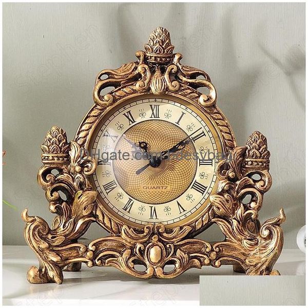 Orologi da tavolo da scrivania Orologio intagliato in resina vintage per corte europea Sollievo elettronico Artigianato Soggiorno Camera da letto Ornamento Decorazioni per la casa Dr Dhf09