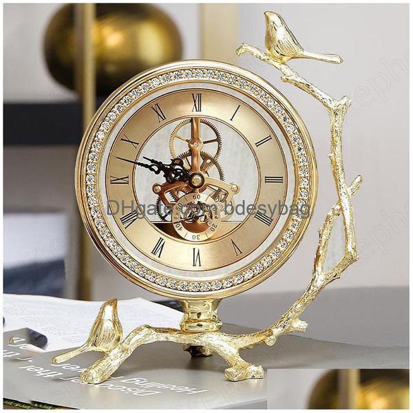 Orologi da tavolo da scrivania Orologio da uccello dorato europeo Vintage Soggiorno classico dorato Ornamenti da scrivania Decorazione libreria da ufficio Dro Dhlvb