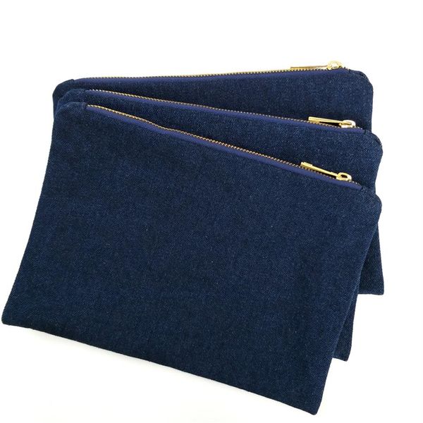 Borsa per il trucco in denim spesso 14 once con cerniera in metallo dorato e vera fodera rossa borsa per cosmetici in denim vuoto blu scuro spedita da DHL direttamente da f2144