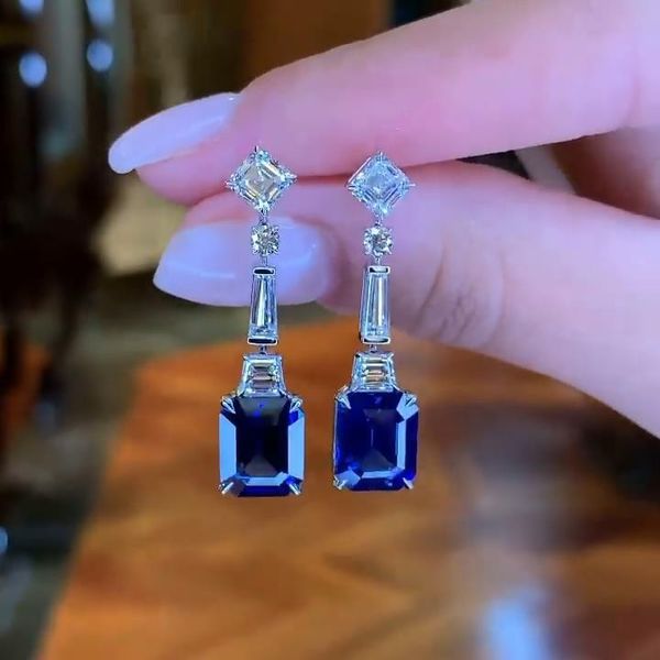 Brincos pendentes com corte doce joias de luxo prata esterlina 925 azul safira cz diamante pedras preciosas festa de casamento brinco feminino para presente de amante