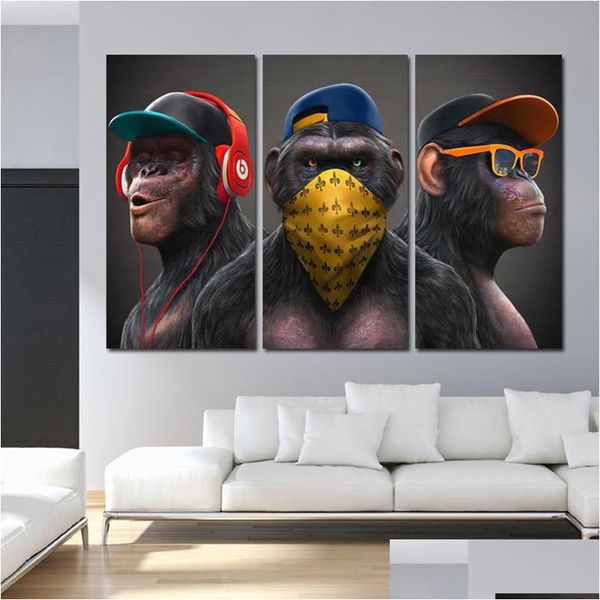 Pinturas 3 macacos wise cool pôster tela impressa arte pintura de parede arte para sala de estar imagens de animais decorações de casa modernas gota de dhdwv