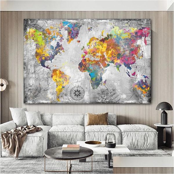 Gemälde Vintage Weltkarte Poster Abstrakte Retro-Drucke Leinwand Malerei Innendekorationen Wandkunst Bilder für Wohnzimmer Home Dhgzf