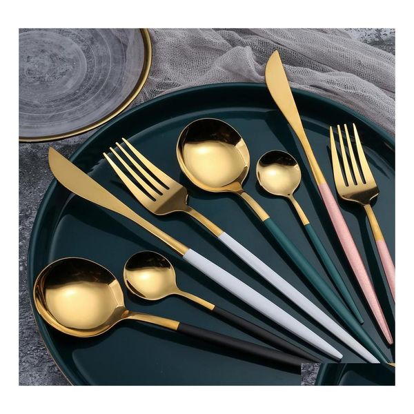 Geschirr Sets Edelstahl Spiegel Geschirr Gold Messer Mahlzeit Löffel Gabel Tee Besteck Einfache Exquisite Western Abendessen Besteck Dro Dh3Xf