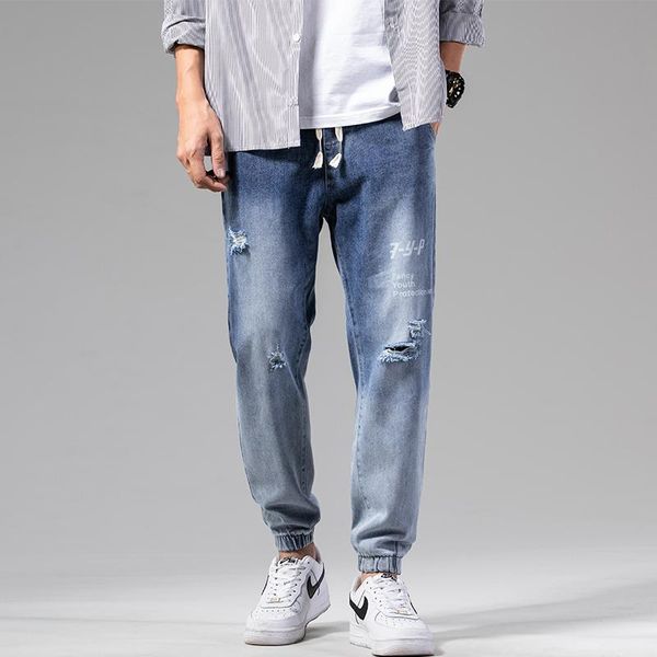 Jeans masculinos Henchiry Four Seasons Casual cintura elástica lavável calça de tornozelo de moda simples mostra pernas finas retas de perna