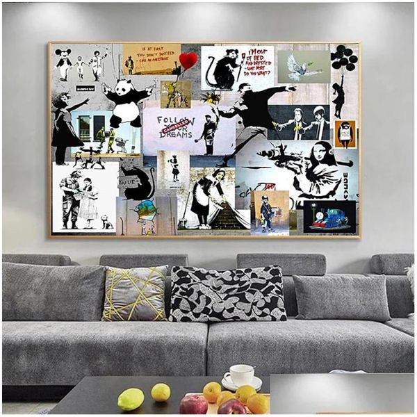 Pinturas Banksy Graffiti Collage Art Pop Painting Posters e impressões parede de cuadros para decoração de casa Dedação Grop Got G Dhmgp