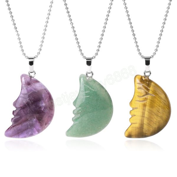 Böhmische Mondkristall-Anhänger-Halskette, Naturstein, handgefertigt, geschnitztes Gesicht, heilende Amethyste, Tigerauge-Anhänger, Schmuck