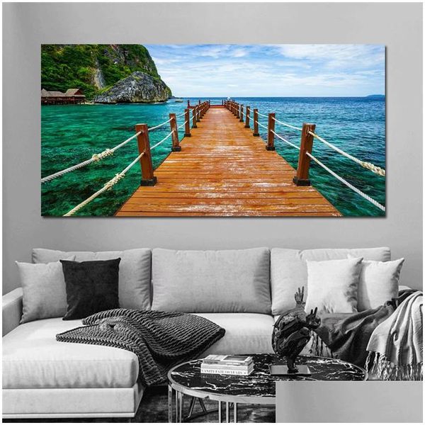 Gemälde Alte Holzbrücke Poster Leinwand Malerei Wandkunst Bilder Für Wohnzimmer Meer See Landschaft Drucke Himmel Sonnenuntergang Modernes Zuhause D Dhhzf