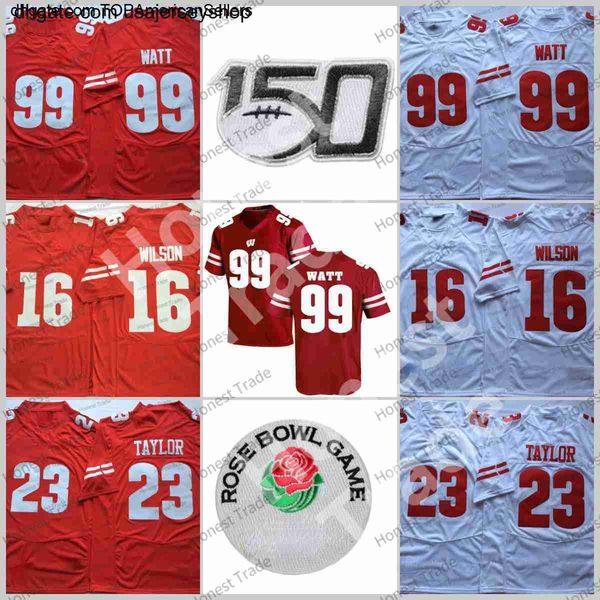 NCAA 16 Russell Wilson Football Jersey 23 Jonathan Taylor 99 J.J Watt Wisconsin College Red White Stitched Me