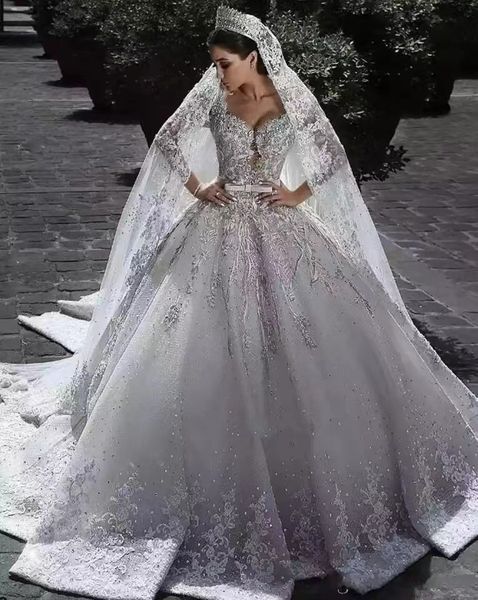 Arabo affascinante a linea abiti da sposa illusione Appliques a pizzo completo designer cristallo perline per perline di raso a maniche lunghe Capel Abiti da sposa formali più dimensioni 403