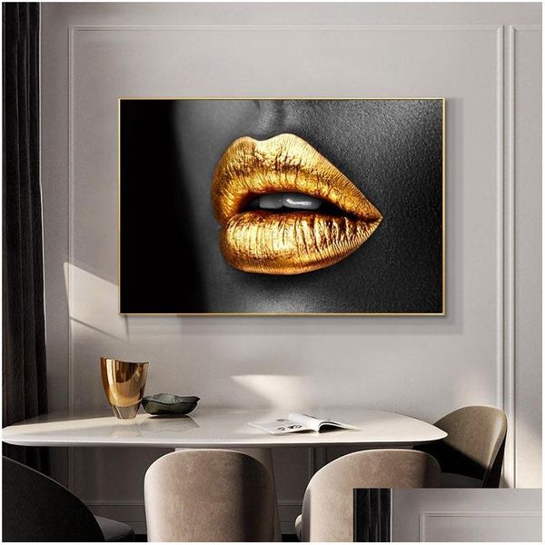 Dipinti Labbra dorate Pittura Stampe su tela Donna sexy Bocca Immagini a parete per soggiorno Modern Home Decor Nastro nero Cuadros D Dhtbd