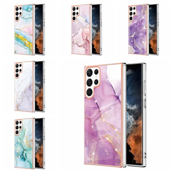 Custodie cromate in fiore di marmo di lusso per Samsung Galaxy S23 Ultra Plus A14 A34 A54 A04E 5G Metallic Soft IMD TPU Bling Linea dorata Scala placcatura Copertura posteriore in pietra di granito