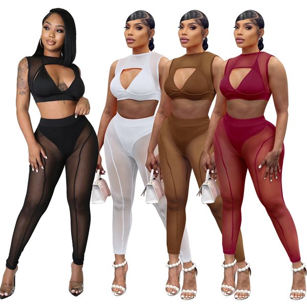 Женщины сексуальные сетка 2pc Pant Sets Sheer Crop Top Top и Slim Long Pant Cool вечеринка с двумя кусочками брюки.