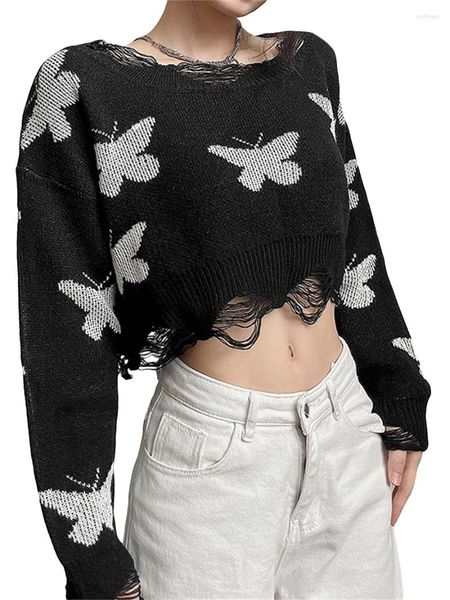 Damen T-Shirts Frauen Vintage Schmetterlingsdruck Strick Crop Tops Langarm Rundhalsausschnitt 2000er Jahre Pullover Hollow Out E Girl Streetwear