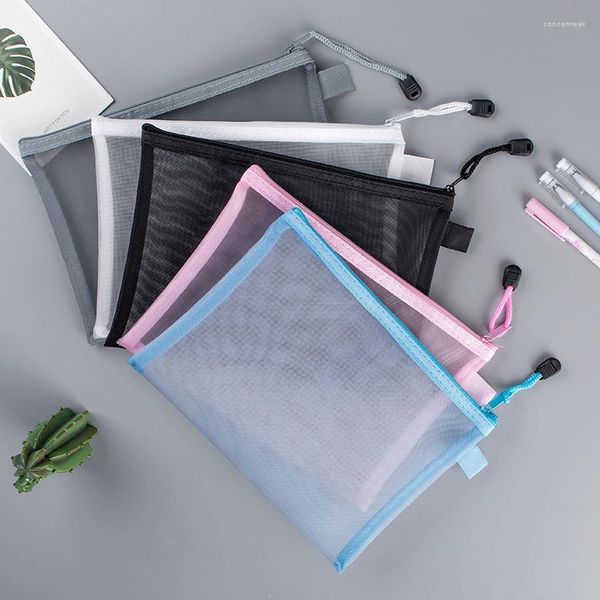 Bolsas de armazenamento 1pc a4 a5 a6 transparente nylon malha zíper de documentar bolsa de papel pasta de papel lápis caneta de caneta de caneta de caneta de caneta estudante de estudante de estudante