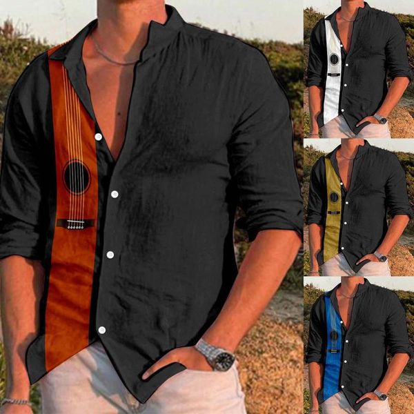 Camicie casual da uomo Camicia con bottoni a pressione con perle Stampa musicale maschile Manica lunga Colletto rovesciato Più uomini