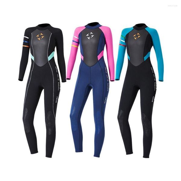 Roupas de banho feminina 3 mm de malha redonda pescoço de uma peça de manga longa de snorkel de manga longa Conjunto de snorkel de estilo simples roupas de neoprene azul m