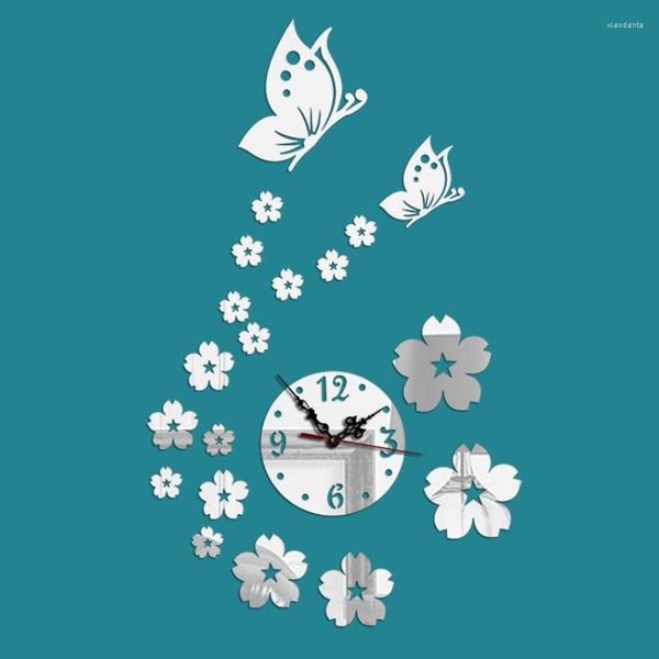 Relógios de parede DIY Relógio espelho Butterflies and Flowers adesivo Decoração caseira