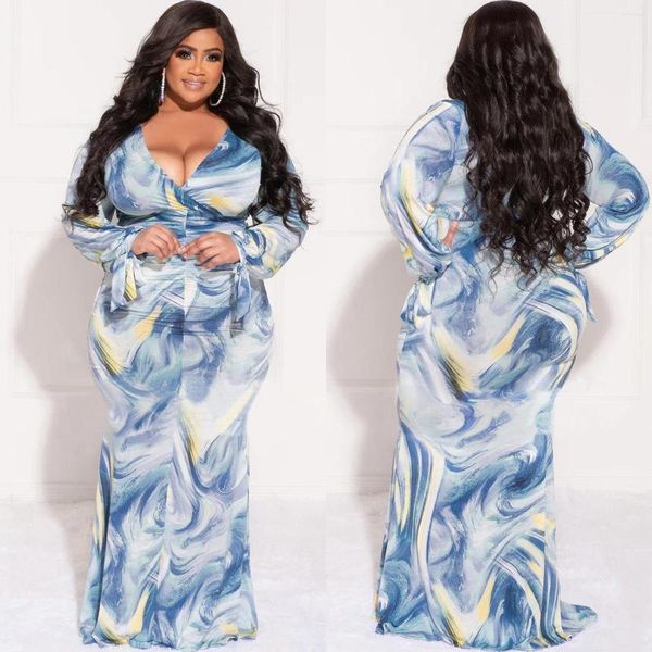 Casual Kleider Plus Größe Für Frauen Kleidung V-ausschnitt Langarm Blau Gedruckt Elegante Maxi Shirts Kleid Großhandel Drop 2022