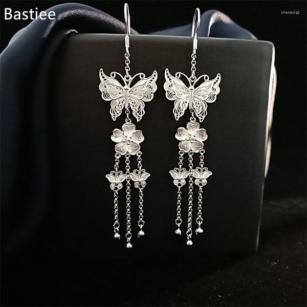 Orecchini pendenti Bastiee Original 999 Sterling Silver Handmade Butterfly Miao Ethnic Flower Antique Hanfu Jewelry For Women