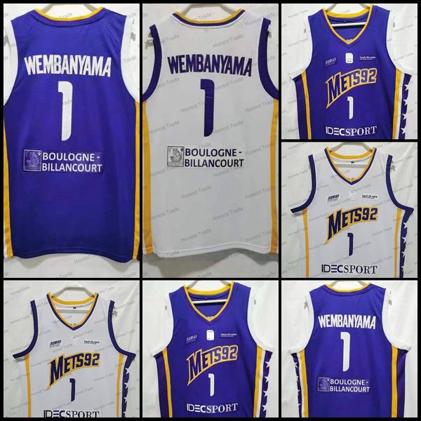 New 1 Victor Wembanyama Mens France Basketball Jersey Nanterre Mets92 White Purple Team Jerseys, сшитые на открытом воздухе, баскетбольная одежда