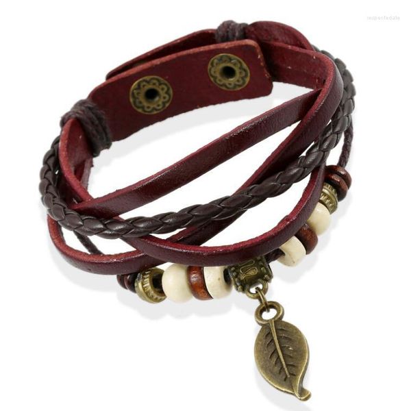 Charm-Armbänder für Männer und Frauen, Vintage-Charm-Armband, Blatt-Perlen, mehrschichtig, geflochtenes Leder, Wachsschnüre, Retro-Armreif, Armbänder, modisch, Unisex