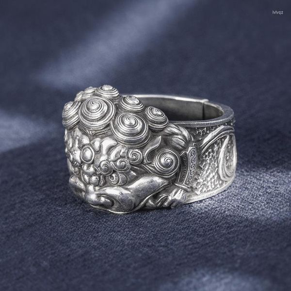 Anelli a grappolo in argento sterling massiccio 999 tailandese retrò motociclista MENS anello fatto a mano con leone regalo di gioielli A4536