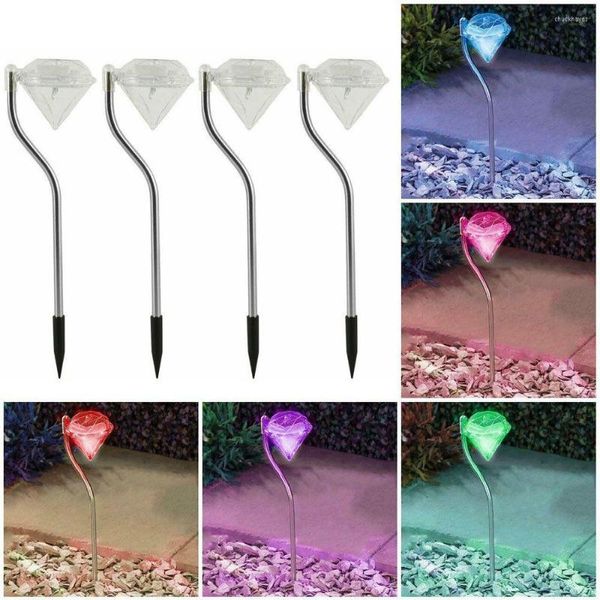 4 Stück solarbetriebene bunte dekorative Hoflampe für den Außenbereich, Rasenstecker, Gartenpfahl-Lichter mit Diamant-Effekt