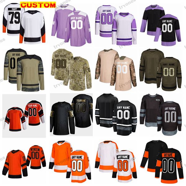 Custom 2023 Reverse Retro 2.0 Maglie da hockey Camo Fights Cancer Atkinson Ellis Couturier Hart Konecny Provorov Hayes Laughton Tippett DeAngelo Frost Cates Farabee