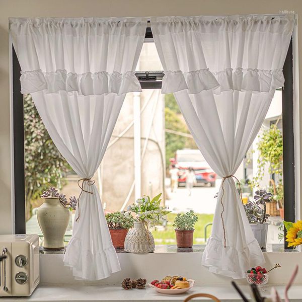Cortina de cortina de tule curta branca para a sala de estar varanda elegante com babados meia janela do banheiro da cozinha
