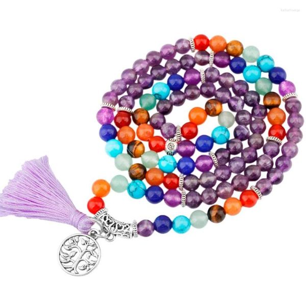 Filo 6mm Natur Ametista 108 Perline Mala Con Nappe Metallo Albero Della Vita Charms Gioielli 7 Chakra Cristallo Guarigione Energia Braccialetto Di Perline