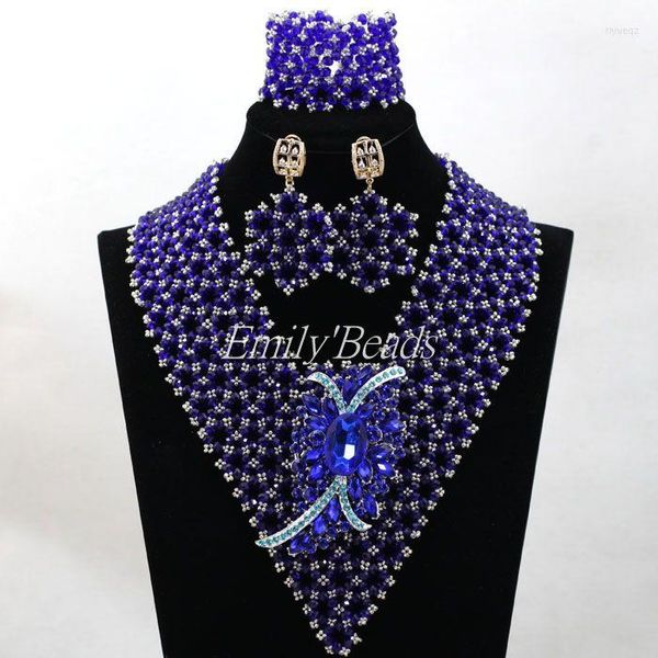 Halskette Ohrringe Set Mode Afrikanische Hochzeit Braut Lätzchen Nigerianischen Kostüm Kristall Perlen Schmuck Königsblau ALJ390