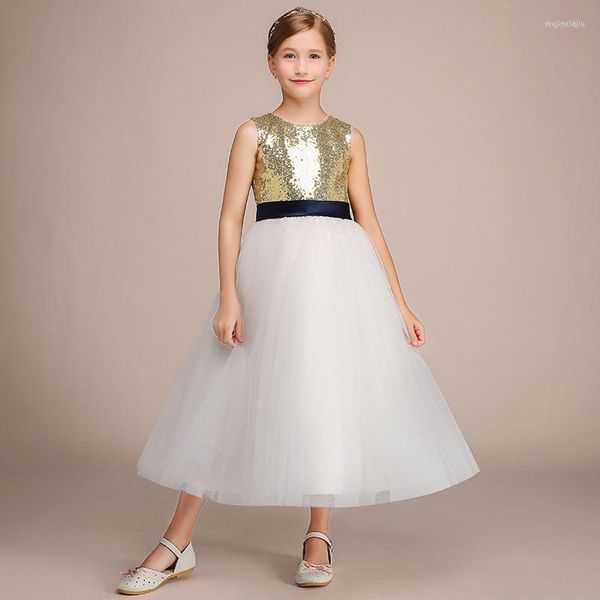 Mädchen Kleider Mädchen Elegante Lange Formale Kommunion Prinzessin Kleid Geburtstag Party Kleid Für Kinder Gold Pailletten Blume Hochzeit