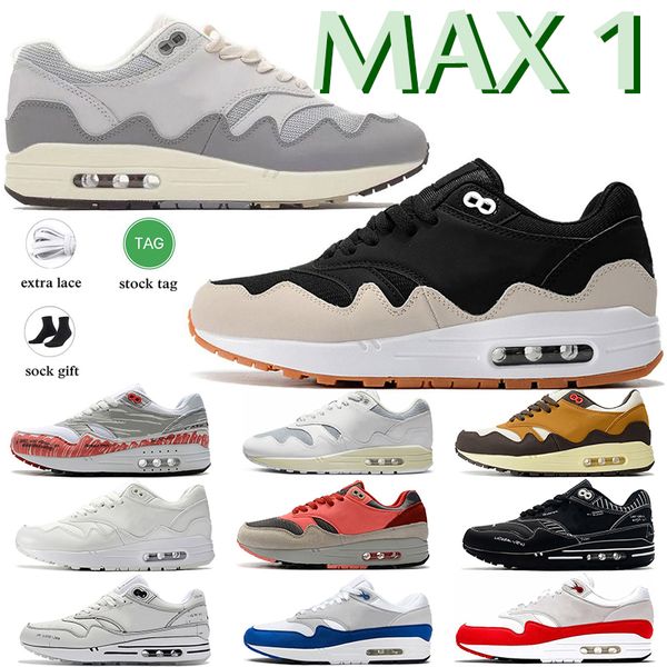 Tênis Patta Waves Max 1 Running Shoes Feminino Masculino Cactus Jack Barroco Brown Saturn Gold Cave Stone Parra Amsterdam 87 1s OG Anniversary Schematic Tênis Eur 36-45