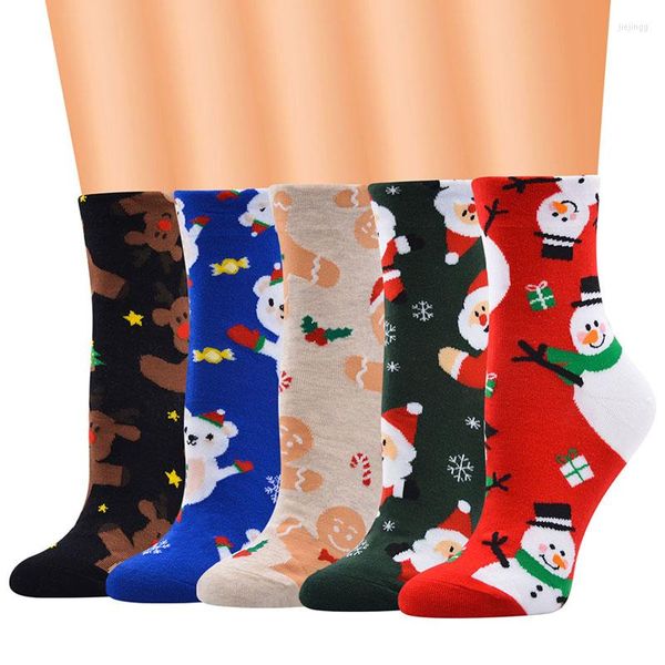 Calzini da donna 1 paio di calze a tubo medio con motivo natalizio in cotone traspirante per l'autunno inverno Happy Sock Men Year Funny Sokken