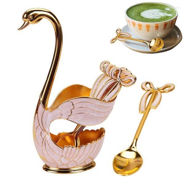 Обеденный наборы наборов Creative Set Decorative Swan Base Holder с 6 ложками для кухонного табличного кафе кофе фрукты десерт помешивание