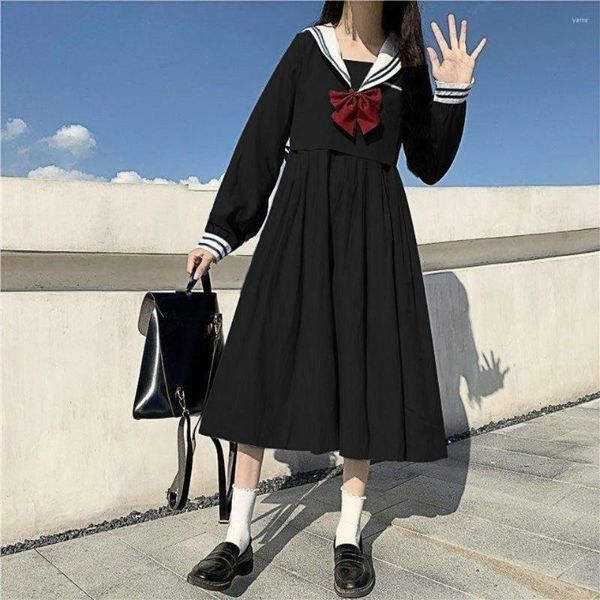 Casual Kleider Für Frauen Sailor Kragen Schwarz Kleid frauen Herbst Kleidung Lose Japanischen Stil Lange Vestido De Mujer