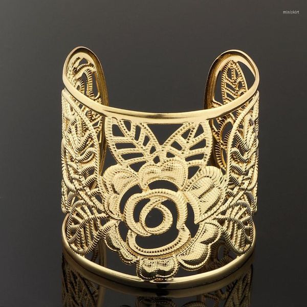 Bangle Dayoff 2022 Punk Rock Vintage Gold Color Carving Cuff Arm Womens Hollow Rose Flower Open Bracelet Armlet Jewelry B355