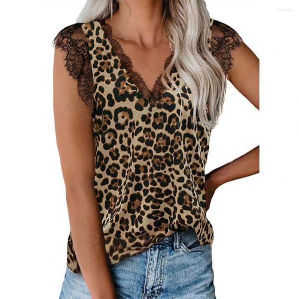 Camicette da donna Camicetta da donna senza maniche con scollo a V Camicetta con cuciture in pizzo Stampa leopardata Motivo a serpente Camicia casual Abbigliamento da donna