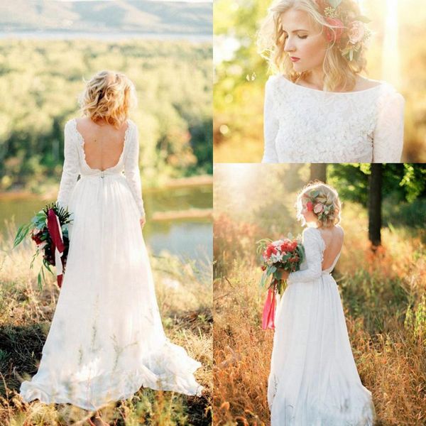 Abiti da sposa senza schienale a maniche lunghe in chiffon di pizzo Collo gioiello romantico Abito da sposa all'aperto bohémien country a figura intera