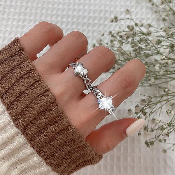 Anéis de casamento para mulheres Trendy Silver Color Love Heart Square Shine CZ Stones Jóias de objeto Punk Luxo Aberto Ajustável