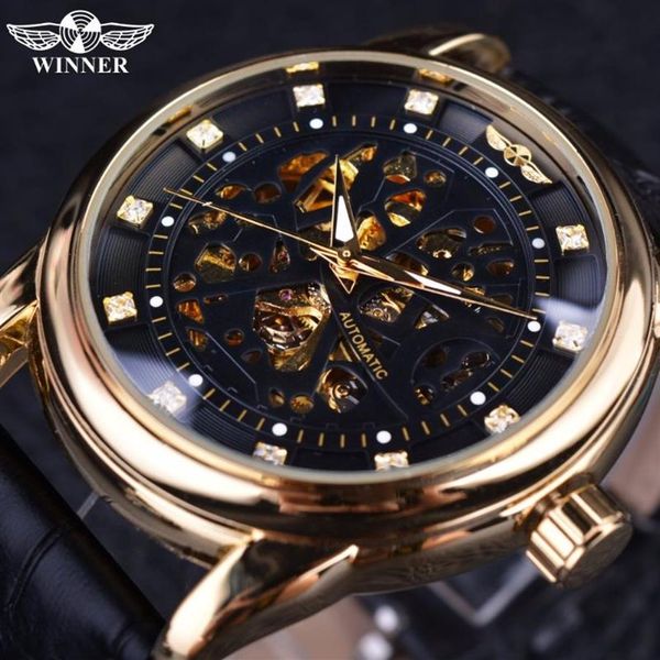 Winner Classic Genuine Leather Series Royal Diamond Design Black Golden Case Skeleton Men Watch Top Automatic Watch235h