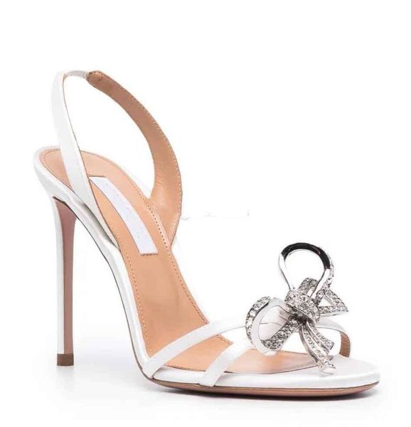 Elegante Marken Aquazzu Babe Sandalen Schuhe Frauen Kristall Bögen verziert High Heels Satin Lederpumpen Party Hochzeitskleid Slingback EU35-43