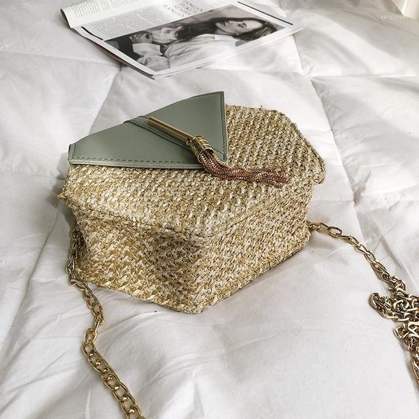 Caixas de armazenamento 2022 Handbag de couro de palha de estilo hexagon hexagon feminino de verão saco de vime