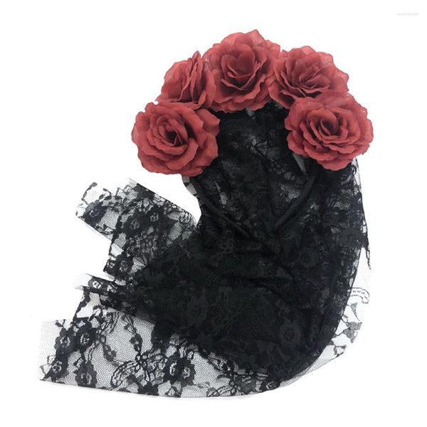 Bandanas Rose Crown Head Abdollo Black Veil Floral for Cosplay Party