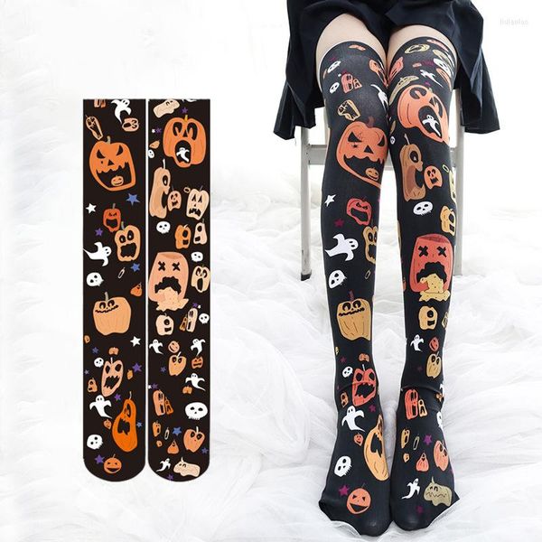 Mulheres meias garotas japonesas lolita sobre calças joelheiras anime grande abóbora halloween cosplay cartoon padrão meias de veludo estampadas ly ly