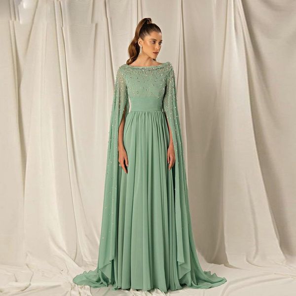 Mintgrünes Chiffon-Kleid für die Brautmutter, Diamanten, Perlen verziert, formelles Dubai-Kleid, geteilt, langärmelig, Hochzeitsgastkleid 2023