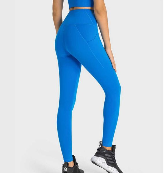 lu--004 Calças de ioga bolsos laterais duplos cintura alta levantamento de quadril leggings esportivas corrida fitness