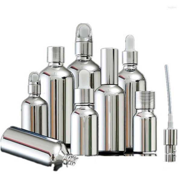 Bottiglie di stoccaggio 5ML-100ML Bottiglia di vetro argento Olio essenziale Contagocce Fiala Confezione cosmetica Siero Lozione Pompa Spray Atomizzatore 15 pezzi